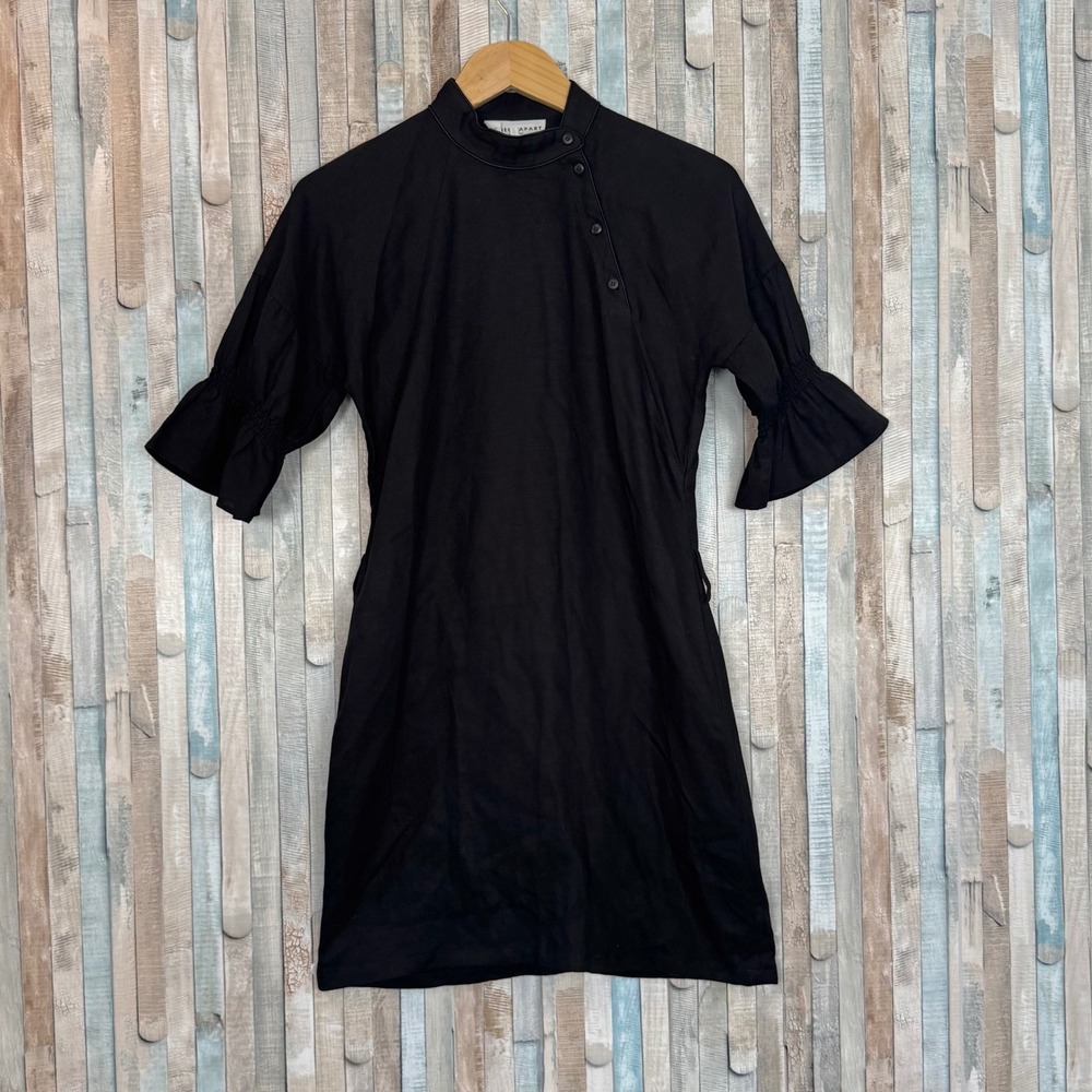 Apiece Apart Yerba Mini Dress Linen Smocked Ruffle Sleeve Mandarin Collar XS